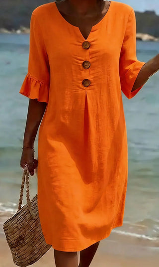 Vanesa™ | Vestido de lino texturizado con mangas abullonadas y botones