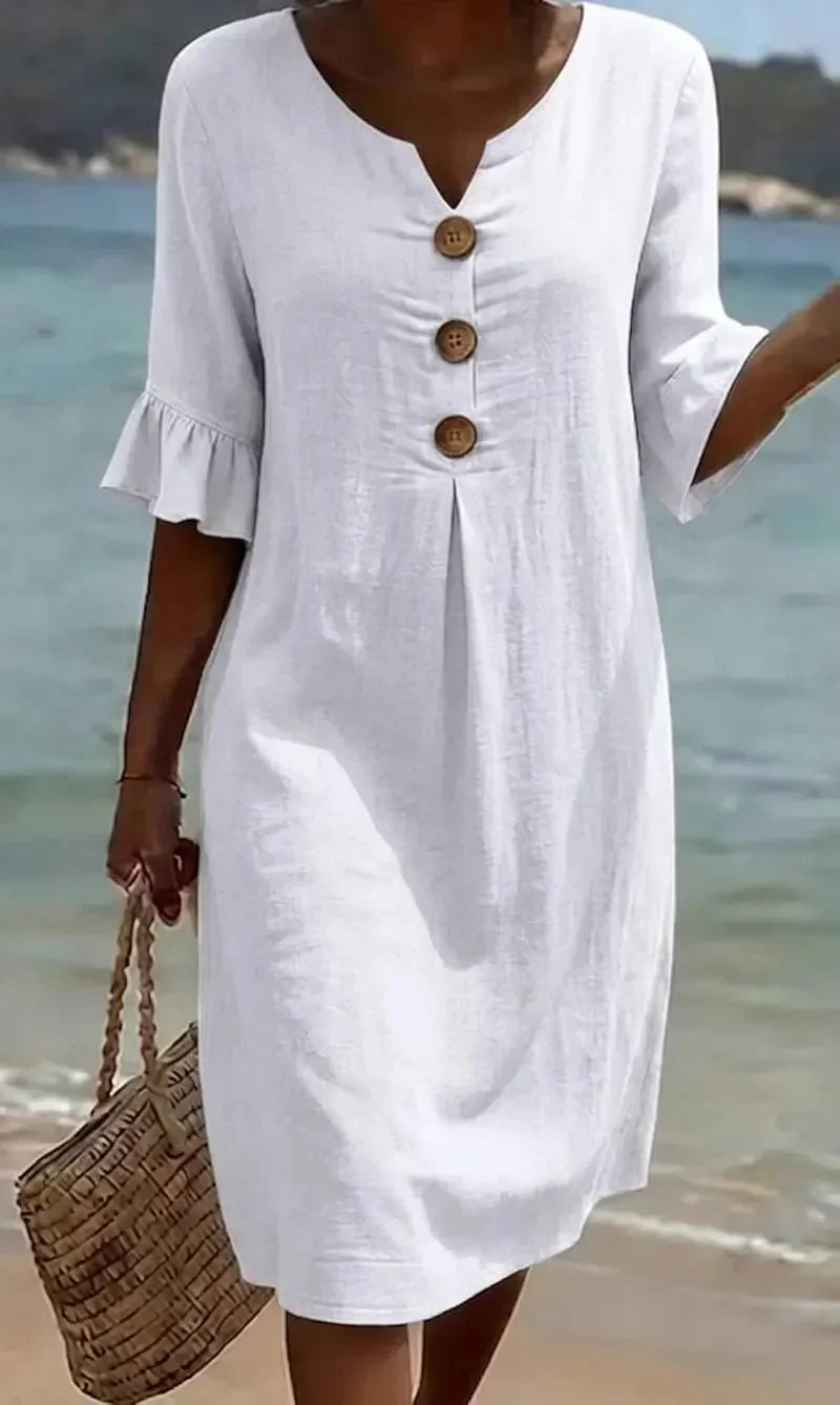 Vanesa™ | Vestido de lino texturizado con mangas abullonadas y botones