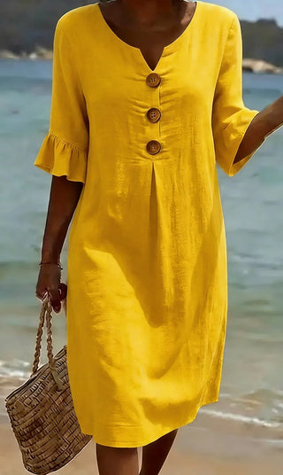 Vanesa™ | Vestido de lino texturizado con mangas abullonadas y botones