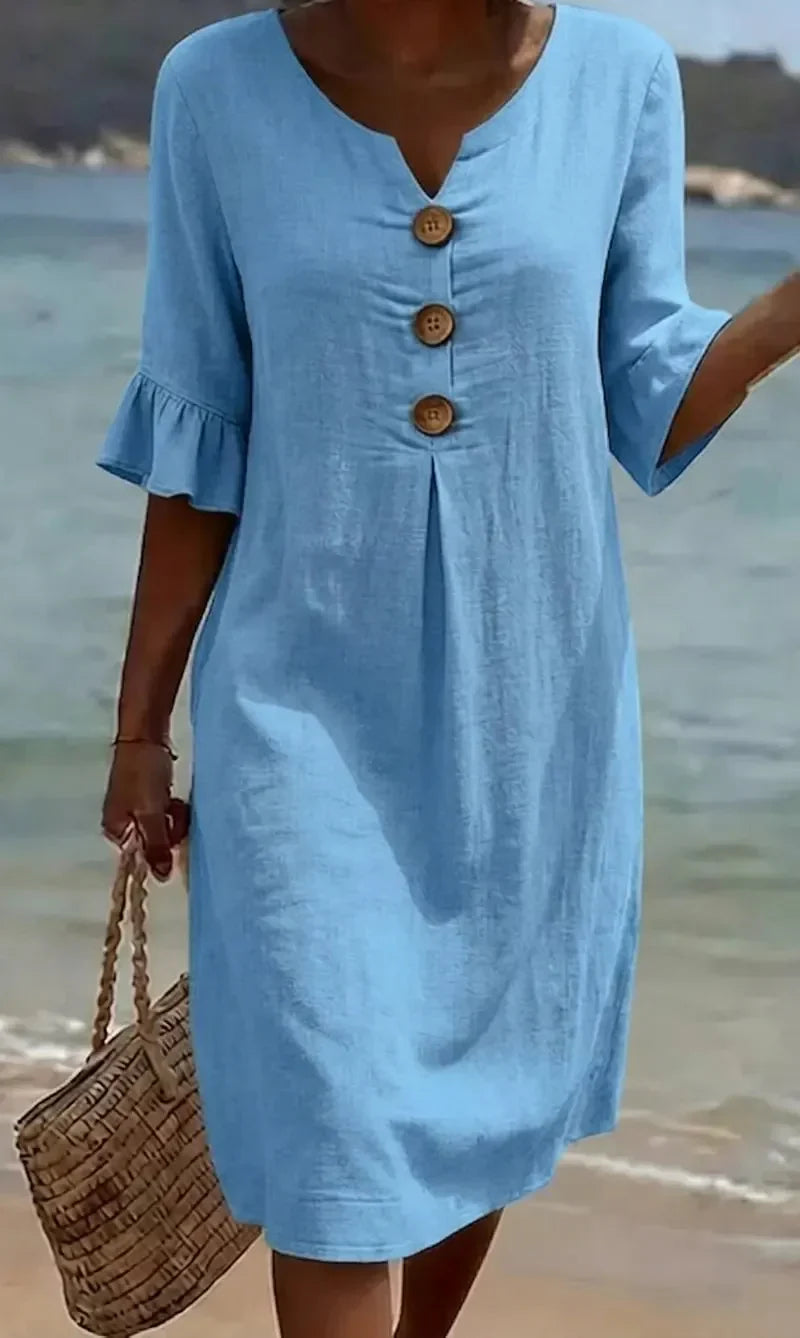 Vanesa™ | Vestido de lino texturizado con mangas abullonadas y botones