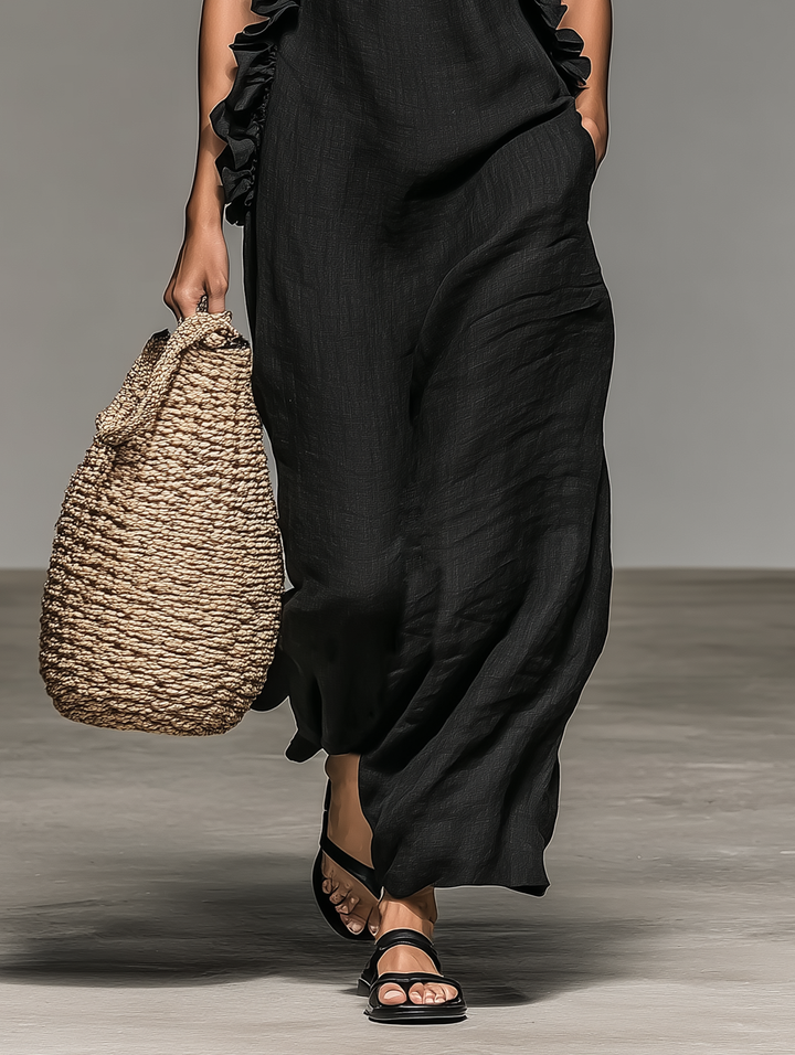 Vestido Maxi Sin Mangas de Lino Minimalista para Mujeres con Detalles de Volantes