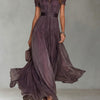 Flavia - Vestido largo morado con escote en forma de gota y borde de encaje de gasa