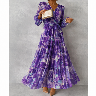Suzanne | Vestido Boho de Chiffon con Estampado Floral de Manga Larga de Verano
