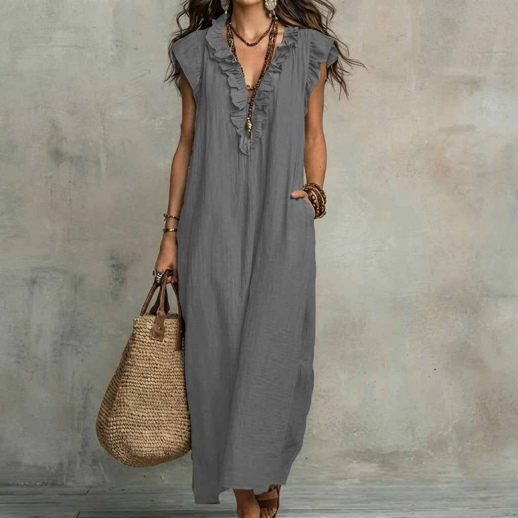 Josefina™ | Vestido Largo de Lino Texturizado con Escote en Pico y Volantes