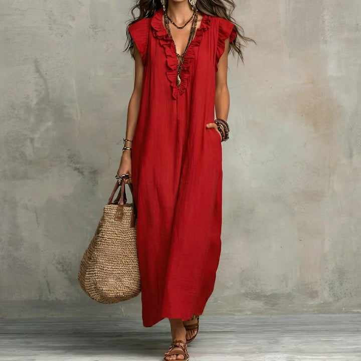 Josefina™ | Vestido Largo de Lino Texturizado con Escote en Pico y Volantes