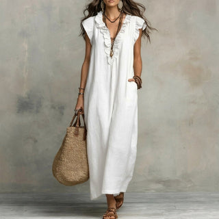 Josefina™ | Vestido Largo de Lino Texturizado con Escote en Pico y Volantes