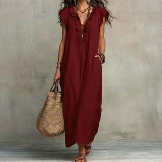 Josefina™ | Vestido Largo de Lino Texturizado con Escote en Pico y Volantes