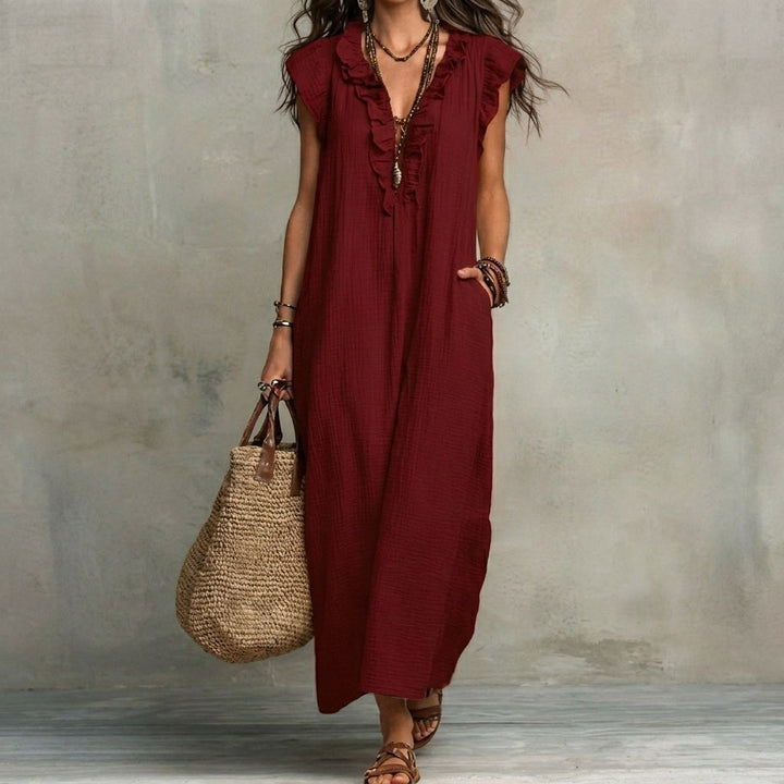 Josefina™ | Vestido Largo de Lino Texturizado con Escote en Pico y Volantes