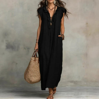 Josefina™ | Vestido Largo de Lino Texturizado con Escote en Pico y Volantes