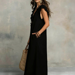 Josefina™ | Vestido Largo de Lino Texturizado con Escote en Pico y Volantes