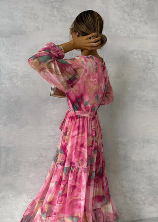 Suzanne | Vestido Boho de Chiffon con Estampado Floral de Manga Larga de Verano