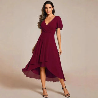 Julia | vestido de fiesta elegante sin mangas de chifón color sólido con cuello en V y volantes
