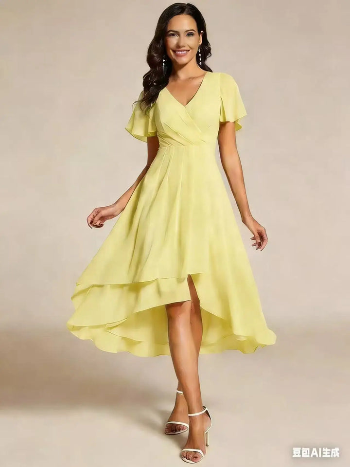 Julia | vestido de fiesta elegante sin mangas de chifón color sólido con cuello en V y volantes