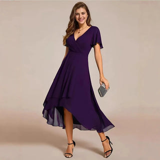 Julia | vestido de fiesta elegante sin mangas de chifón color sólido con cuello en V y volantes