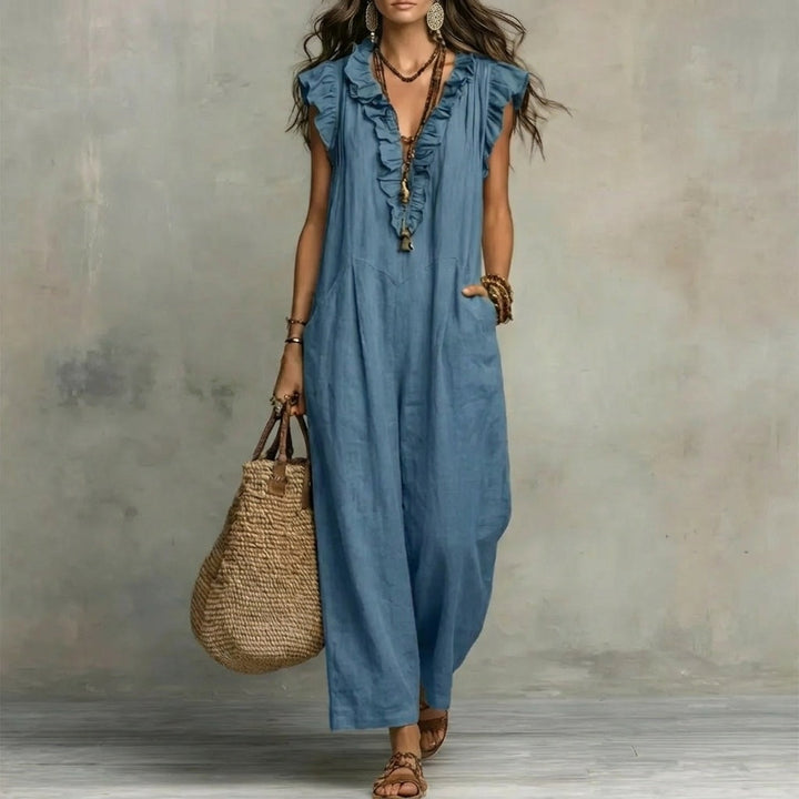 Josefina™ | Vestido Largo de Lino Texturizado con Escote en Pico y Volantes