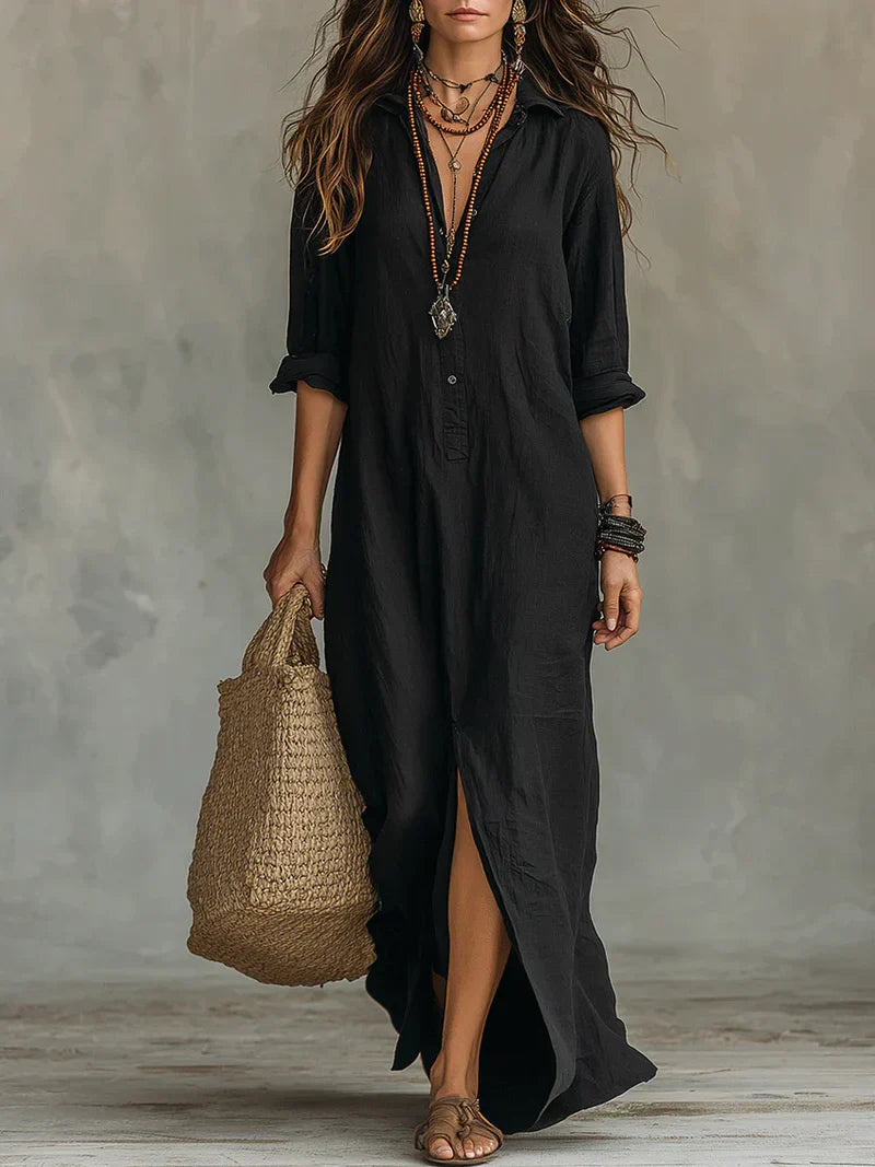 Selena™ | Vestido Maxi Negro Suelto con Botones