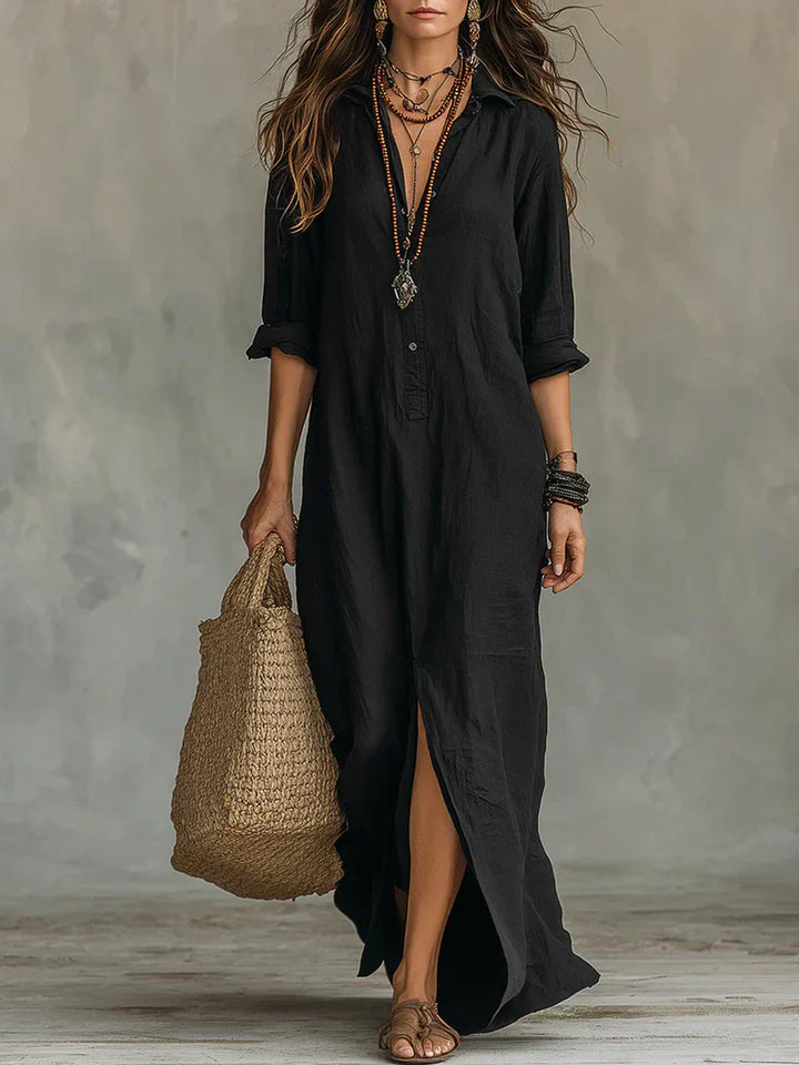 Selena™ | Vestido Maxi Negro Suelto con Botones