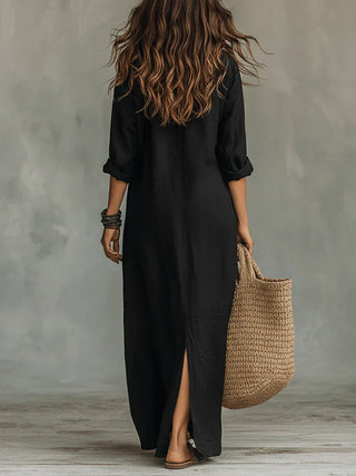 Selena™ | Vestido Maxi Negro Holgado con Botones