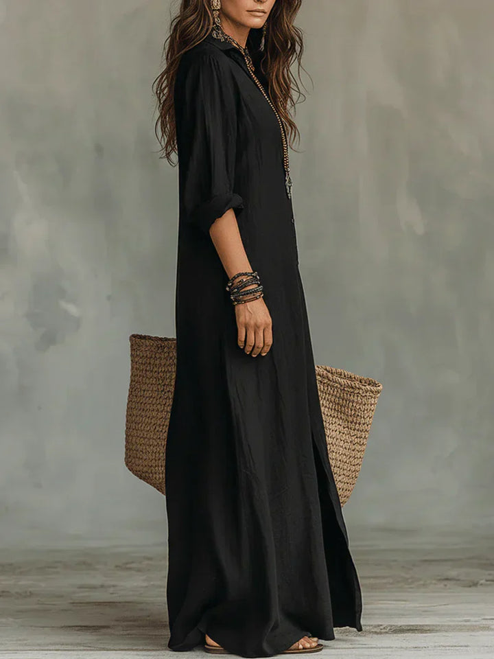 Selena™ | Vestido Maxi Negro Suelto con Botones