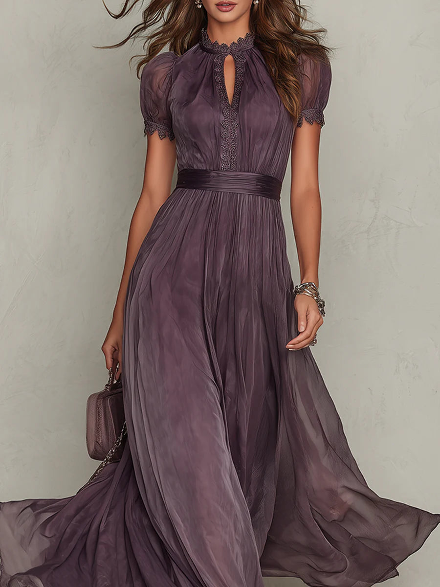 Flavia - Vestido largo morado con escote en forma de gota y borde de encaje de gasa