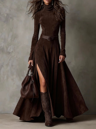 Vestido de Ante Sintético con Cuello Alto, Manga Larga y Abertura (Incluye cinturón)