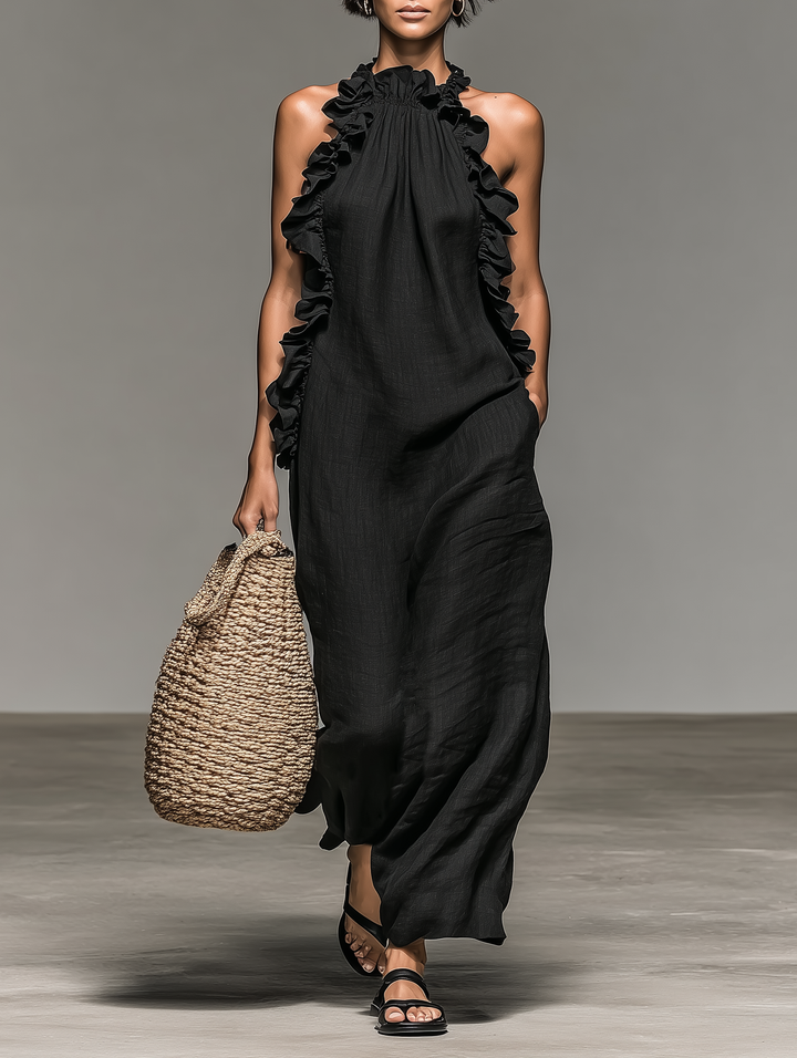 Vestido Maxi Sin Mangas de Lino Minimalista para Mujeres con Detalles de Volantes