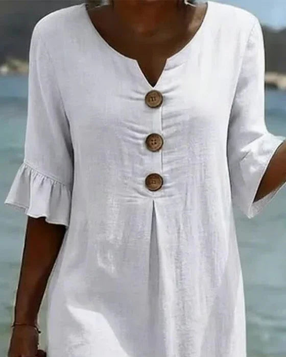 Vanesa™ | Vestido de lino texturizado con mangas abullonadas y botones