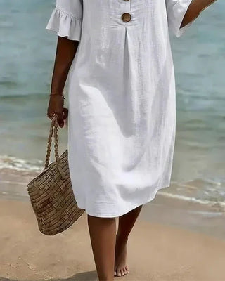 Vanesa™ | Vestido de lino texturizado con mangas abullonadas y botones