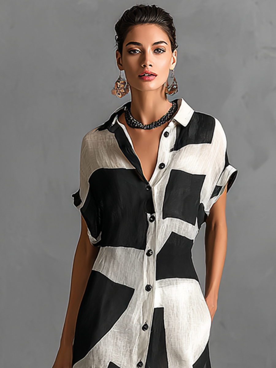 Vestido Camisón Maxi de Manga Corta de Mezcla de Algodón y Lino con Estampado Geométrico
