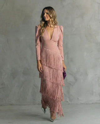 Clara™ | Vestido midi elegante con mangas de flecos