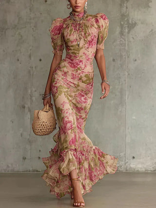 FIONA | VESTIDO LARGO CON ESTAMPADO VINTAGE DE ROSAS Y MANGAS ABULLONADAS
