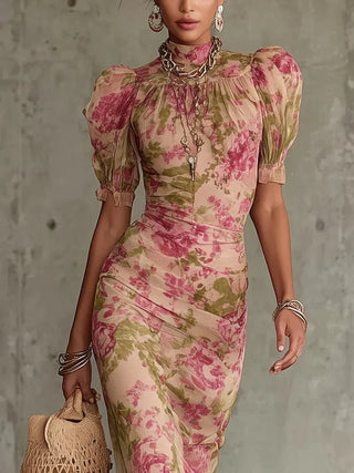 FIONA | VESTIDO LARGO CON ESTAMPADO VINTAGE DE ROSAS Y MANGAS ABULLONADAS