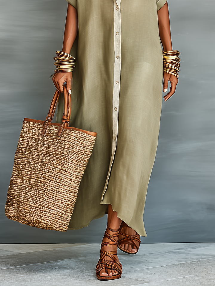 Vestido Maxi de Mezcla de Lino Minimalista para Mujeres