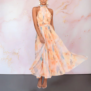 ESTHER | VESTIDO CON CUELLO HALTER Y ESTAMPADO DE ACUARELA