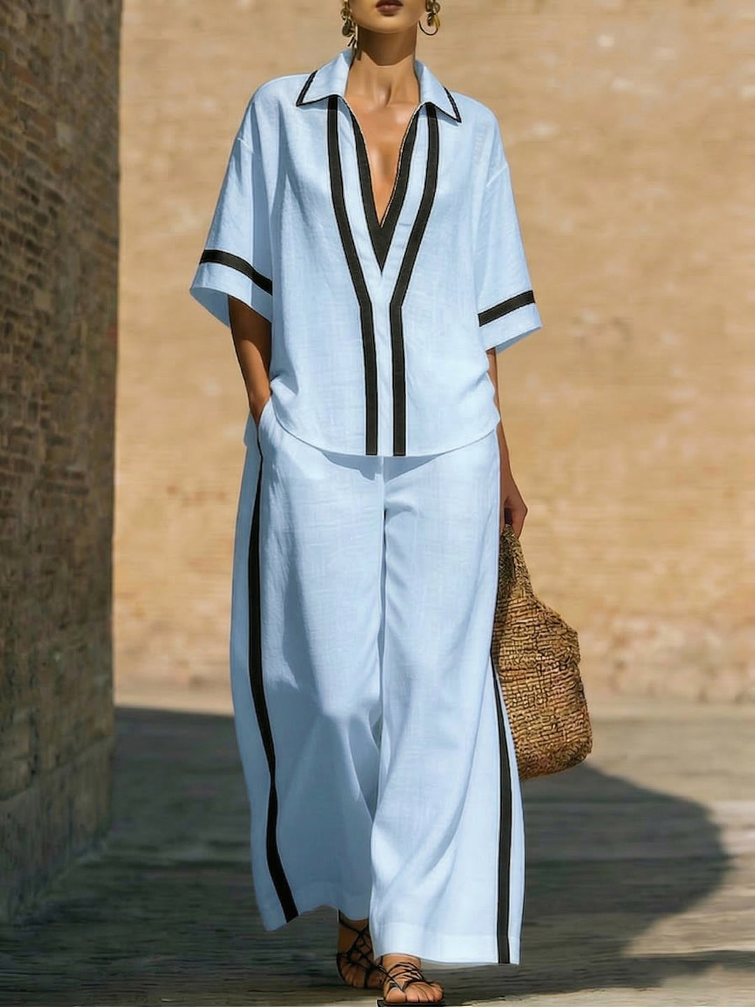 TEVA ™ | CONJUNTO DE CAMISA Y PANTALONES ANCHOS DE LINO Y ALGODÓN