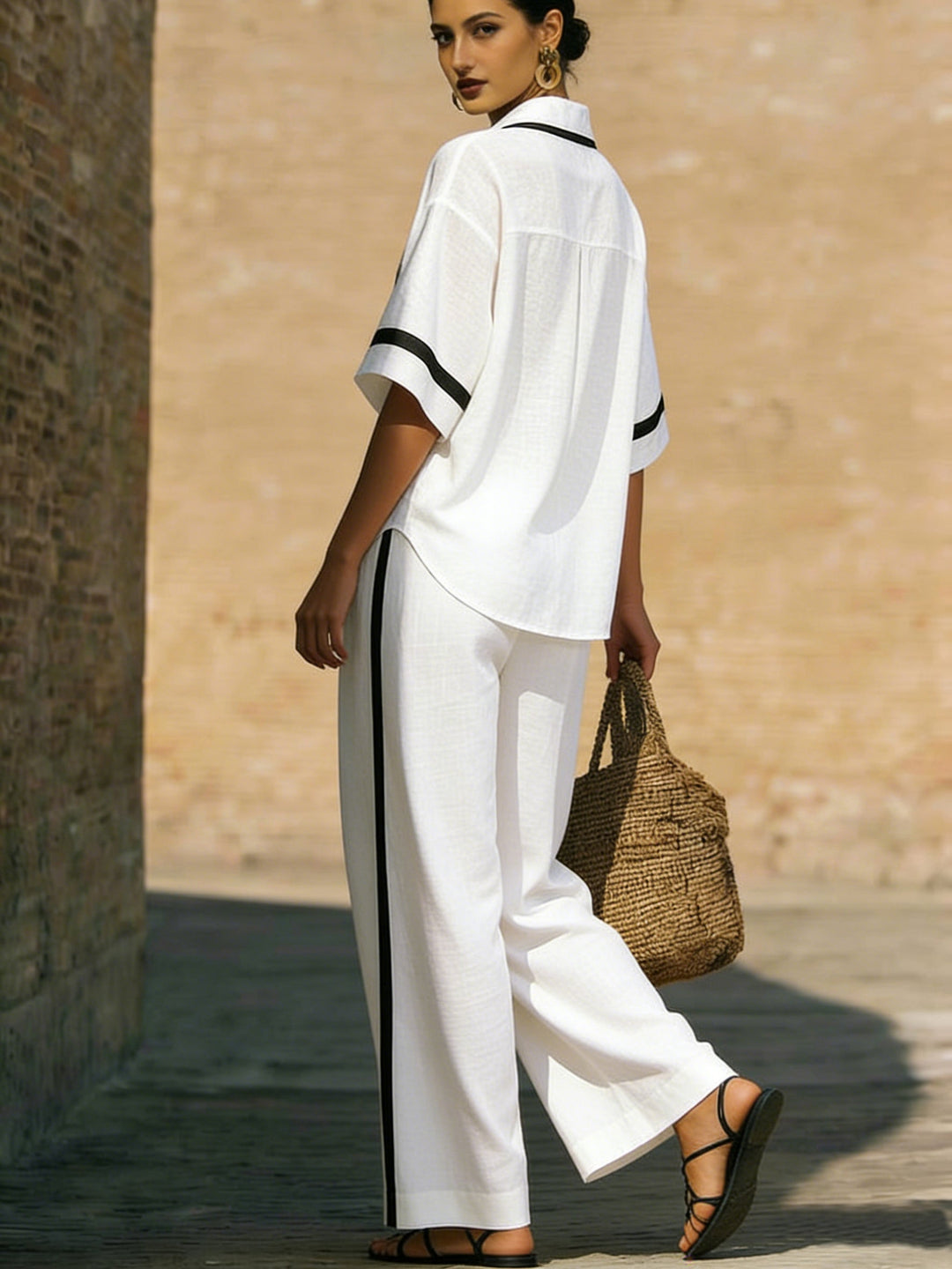TEVA ™ | CONJUNTO DE CAMISA Y PANTALONES ANCHOS DE LINO Y ALGODÓN