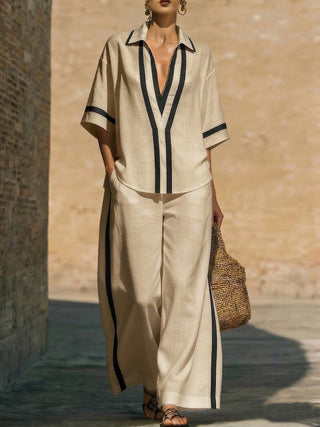 TEVA ™ | CONJUNTO DE CAMISA Y PANTALONES ANCHOS DE LINO Y ALGODÓN