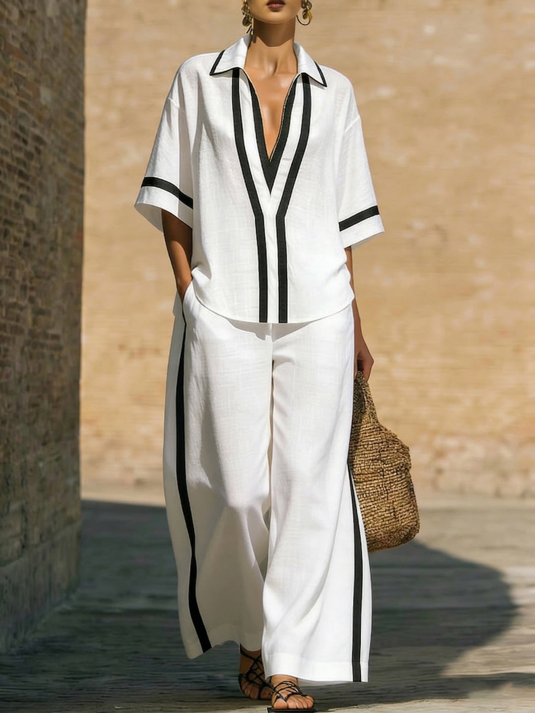 TEVA ™ | CONJUNTO DE CAMISA Y PANTALONES ANCHOS DE LINO Y ALGODÓN