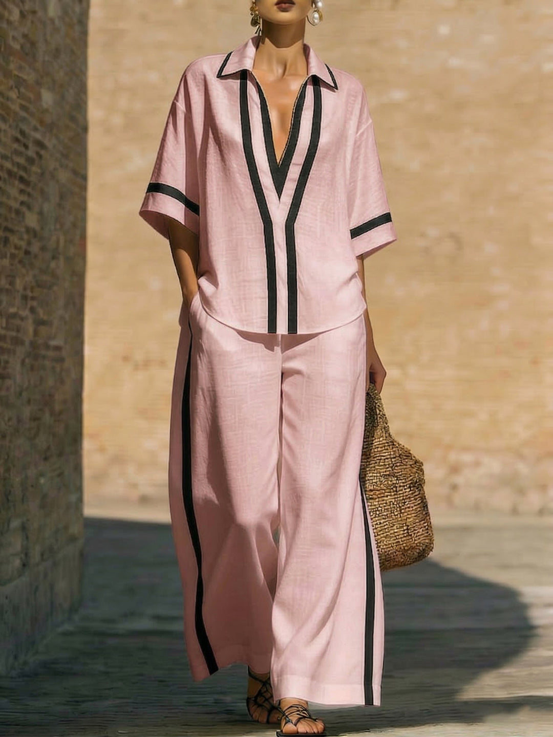 TEVA ™ | CONJUNTO DE CAMISA Y PANTALONES ANCHOS DE LINO Y ALGODÓN