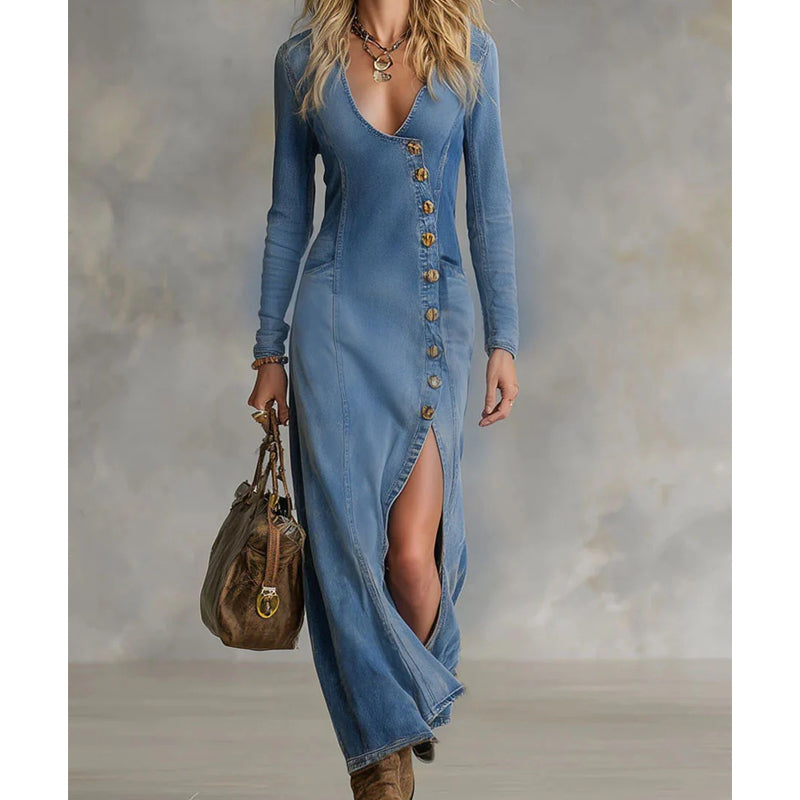 Vestido maxi de manga larga con escote en V