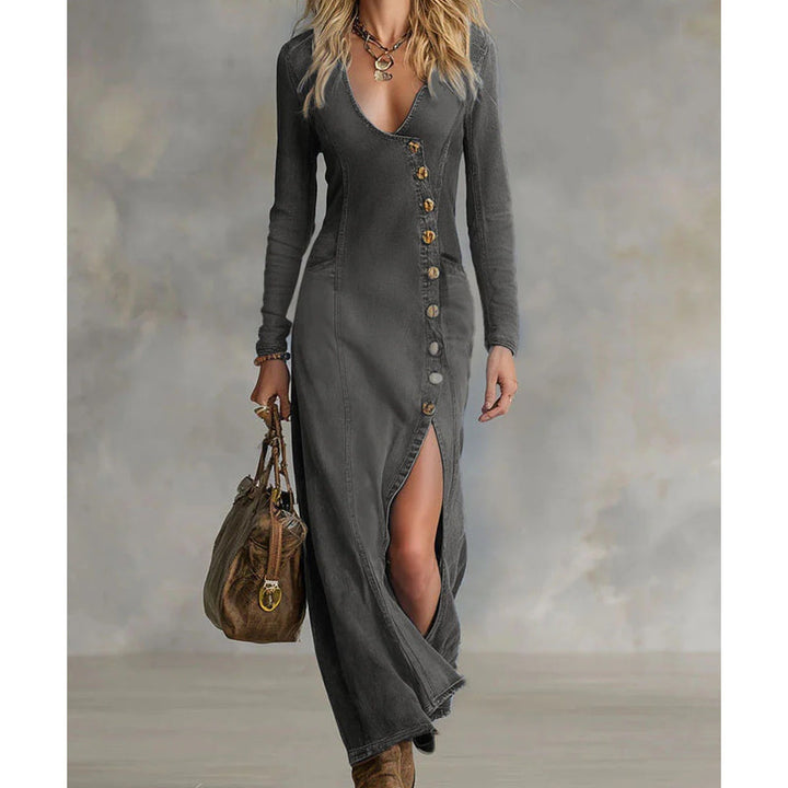 Vestido maxi de manga larga con escote en V